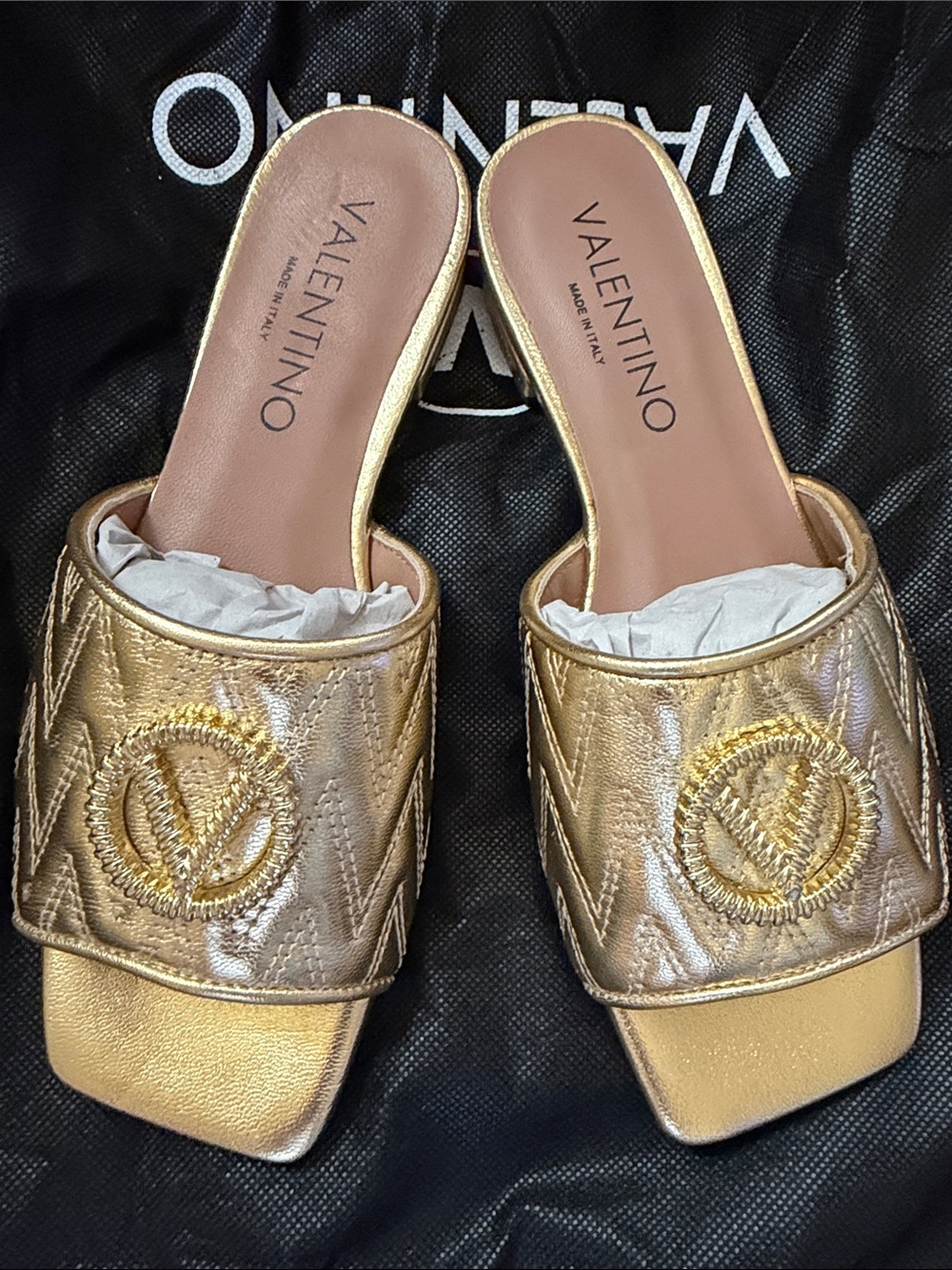 Valentino Metallic Gold Quilted Logo Slide Mules